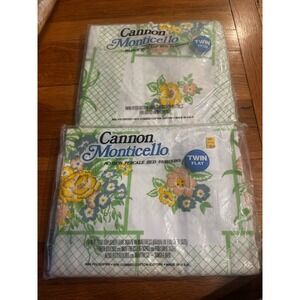 Vintage Cannon Monticello Floral‎ Twin Fitted Flat Sheets NEW Green Lattice